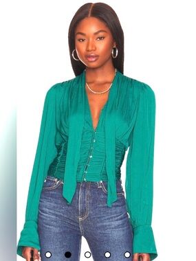 Free People Women’s Green Meet Me There Crop button front Long Sleeve Blouse